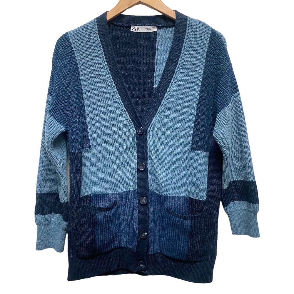 ZARA Small Blue Patchwork Chunky Knit V Neck Cardigan Sweater Color-Block Glam
